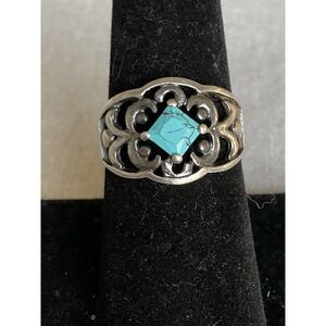 925 Sterling Silver Filigree Ring Simulated Turquoise Stone Size 7 Vintage